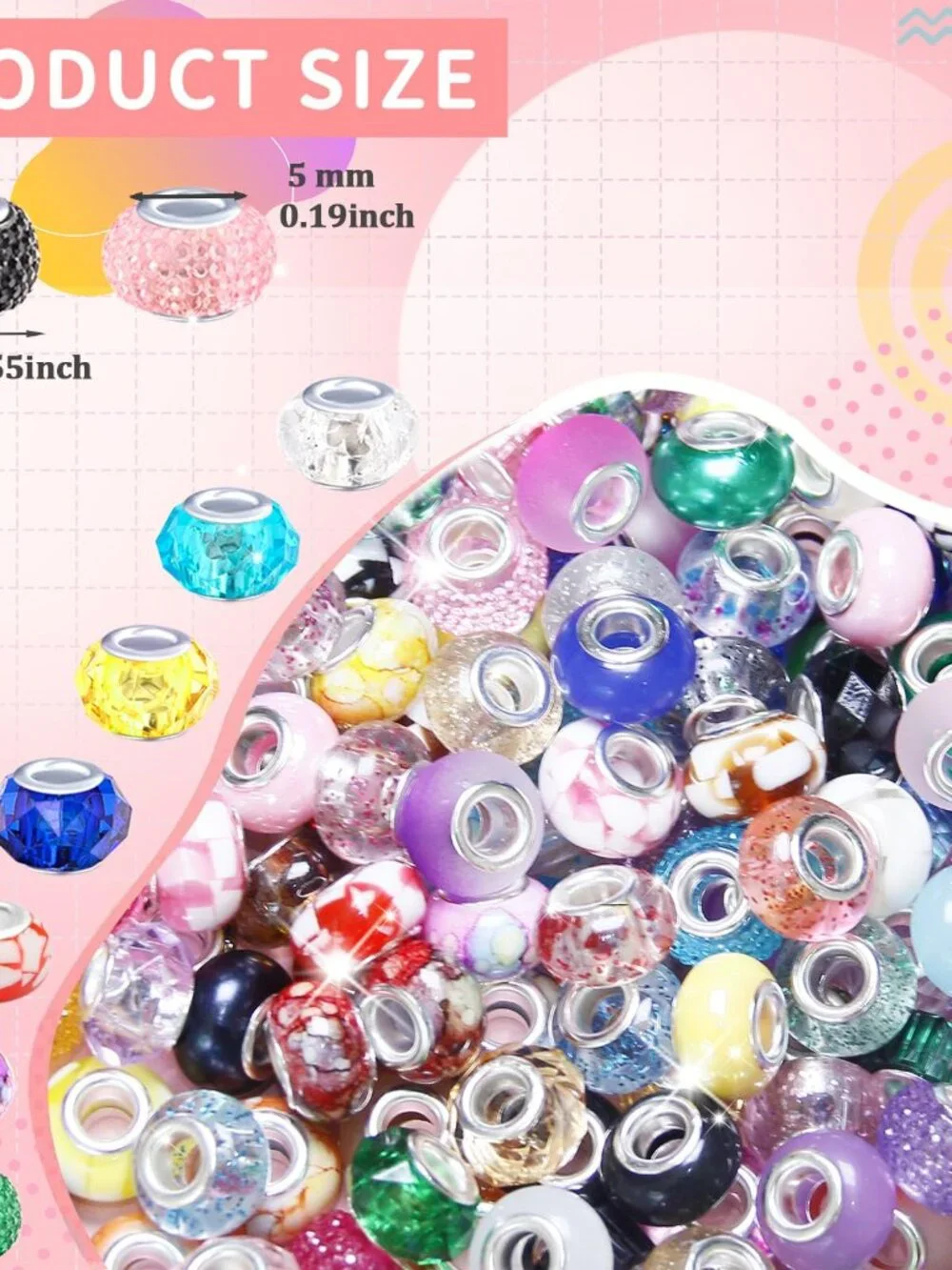 100 Pieces Large Hole Beads Spacer Bead Mixed Color Assorted European Craft Big